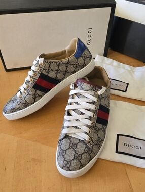 Gucci Ace Women's GG Supreme Canvas Beige Blue/Red EUR 38 G, US 7.5